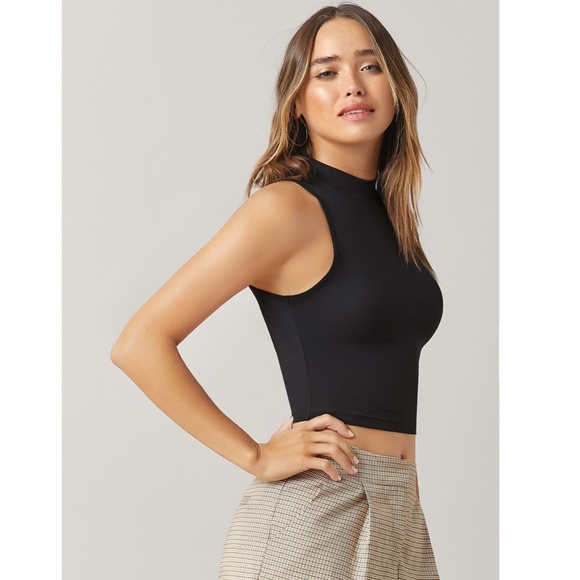 High Neck Black Crop Tank Top Rib Knit - Picture 3 of 9